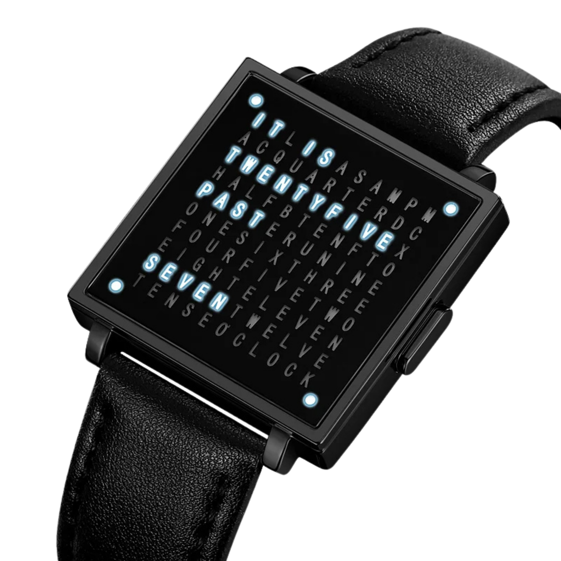 Matrix digital display watch bold LED grid illuminated phrase time minimalist black tech timepiece
