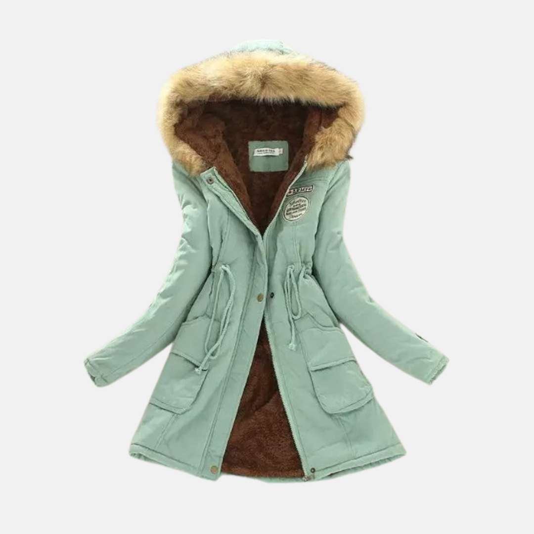 Women's olive green winter parka coat with plush sherpa lining and detachable faux fur hood