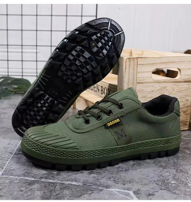Camo tactical sneaker with military-grade ballistic canvas, reinforced toe-cap, and all-terrain grip