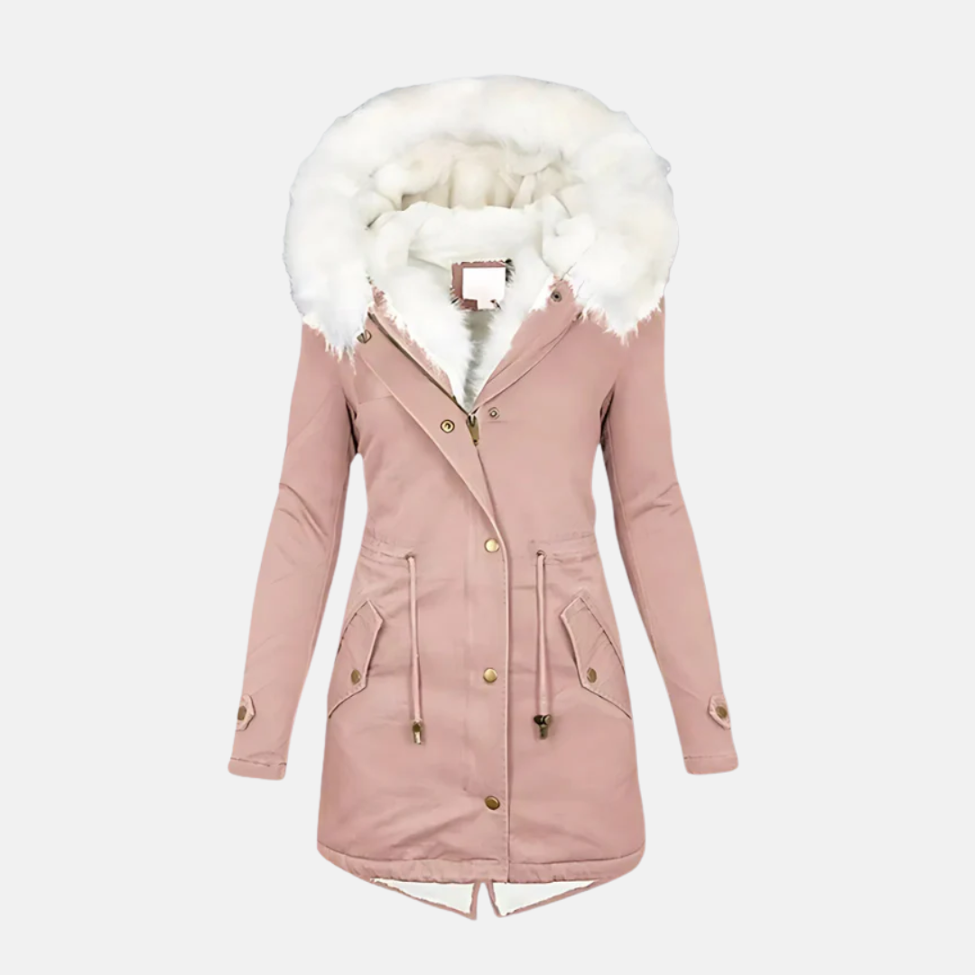 Women's slim fit mid-length parka coat with cozy faux fur hood, water-resistant all-weather design