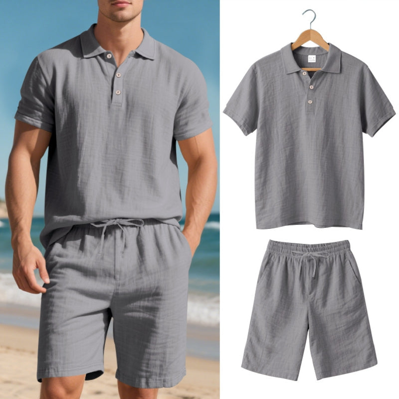 Men's beige linen polo two-piece set relaxed straight cut with adjustable drawstring waist