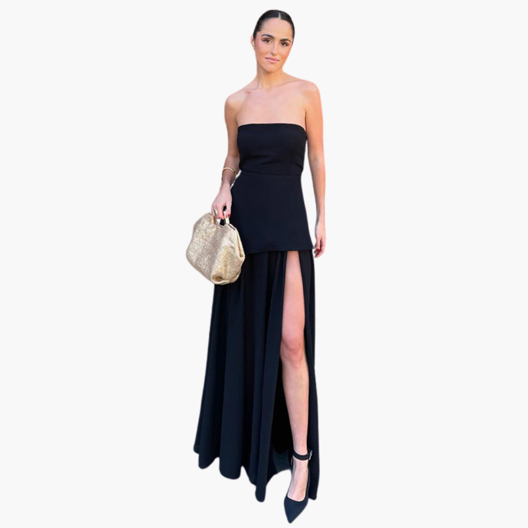 Women's black off-shoulder maxi evening dress with high leg slit, glamorous gala-ready silhouette