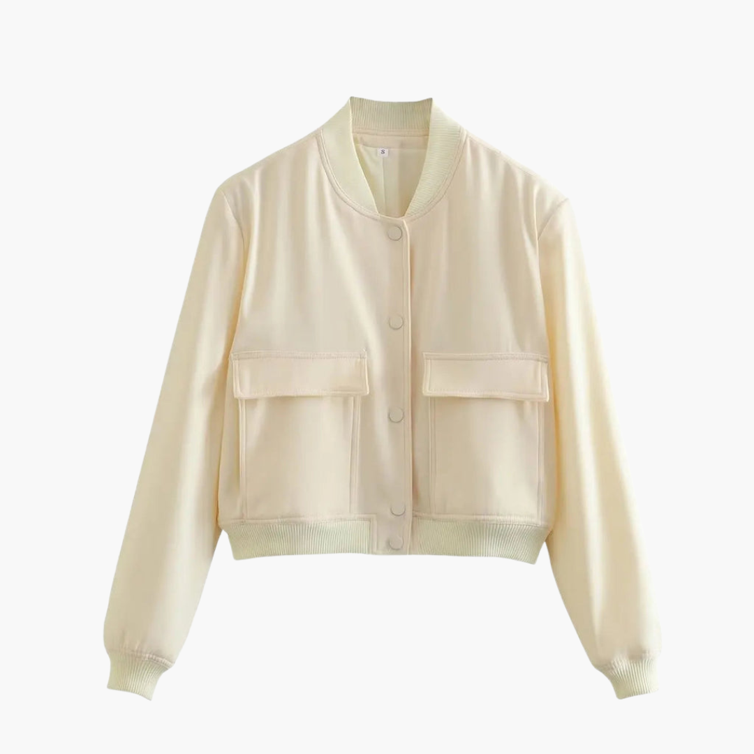 Women's olive utility bomber jacket relaxed fit with large front flap pockets for everyday layering