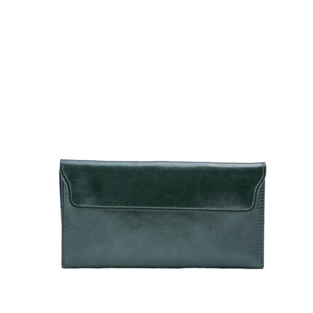 Slim genuine leather bi-fold wallet for women with magnetic flap closure and polished smooth finish