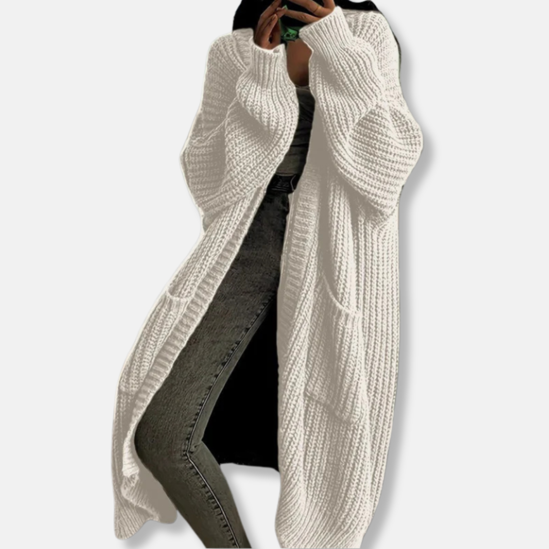 Women's ribbed knit oversized maxi cardigan open front with pockets cozy layering essential