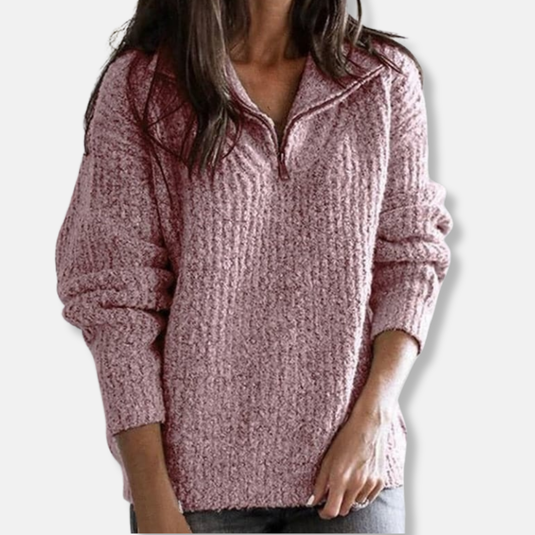 Women's ribbed half-zip collar sweater relaxed fit hip-length knit in neutral chic style