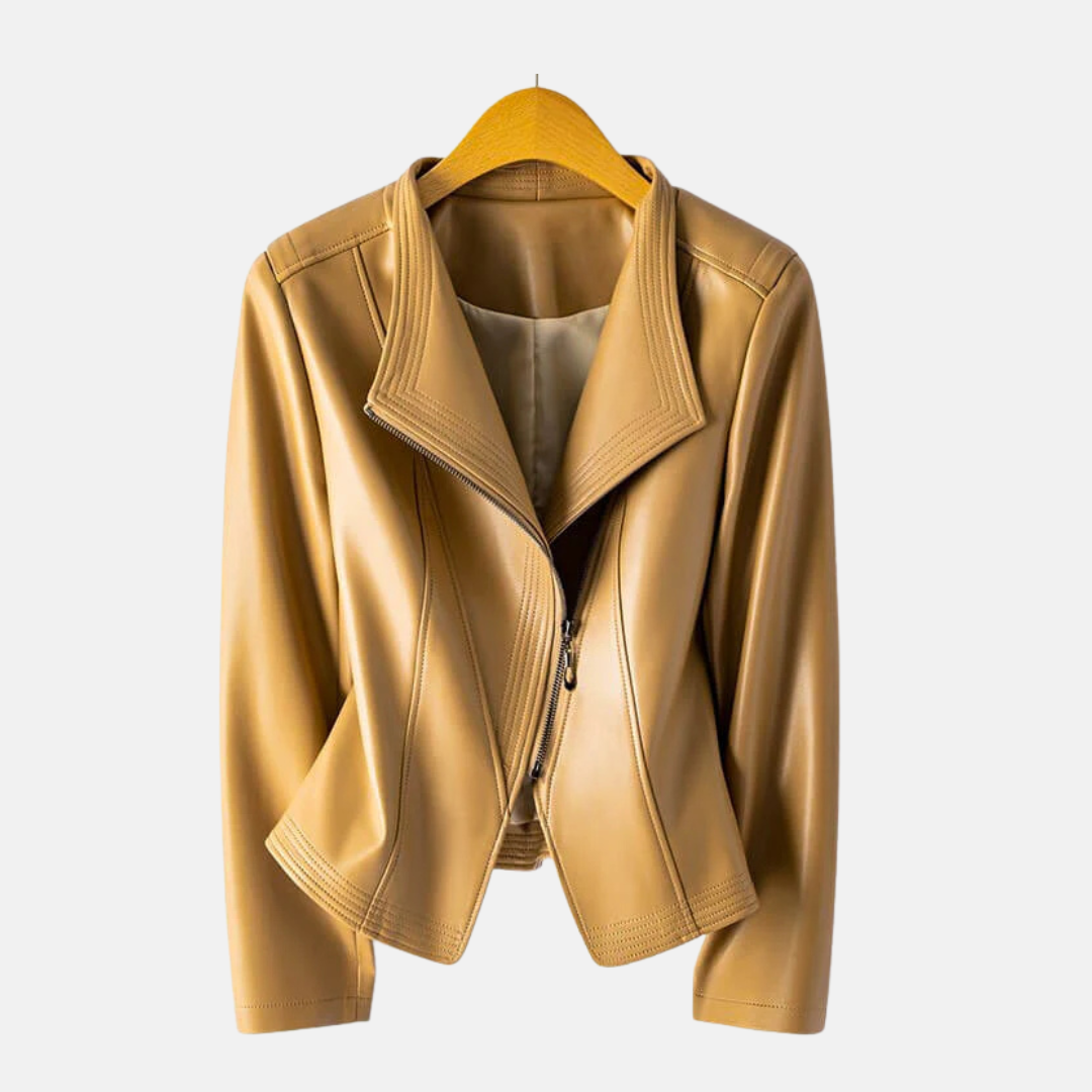 Women's black cropped faux leather jacket tailored fit stand collar asymmetrical zipper closure