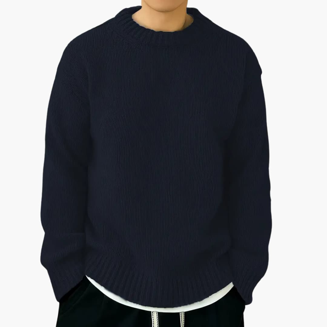 Elegant beige knitted sweater relaxed fit cozy ribbed texture everyday casual style