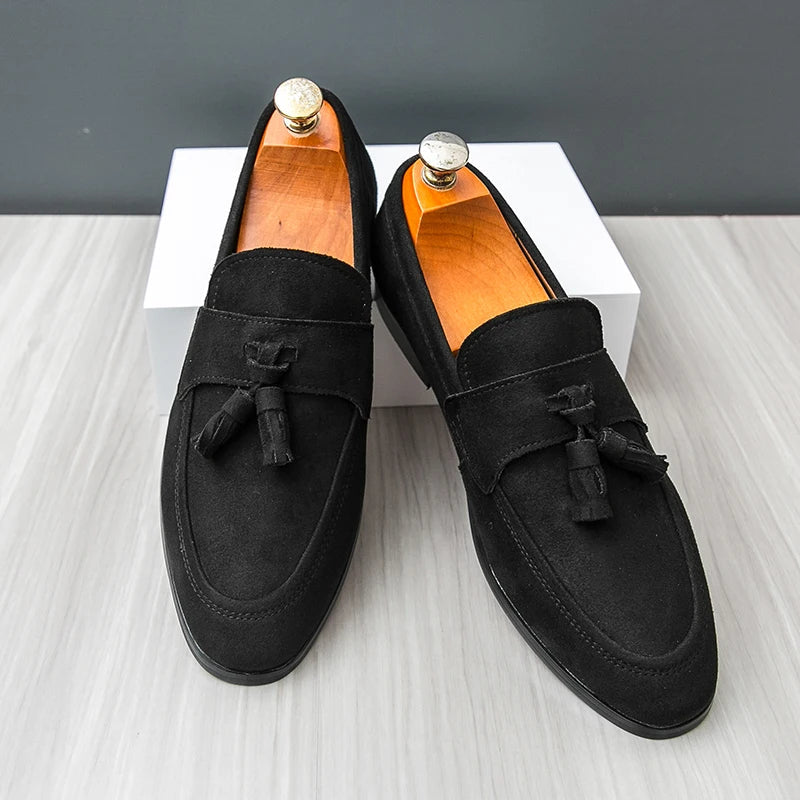 Brown suede tassel loafer slip-on with cushioned insole, lightweight professional dress shoe