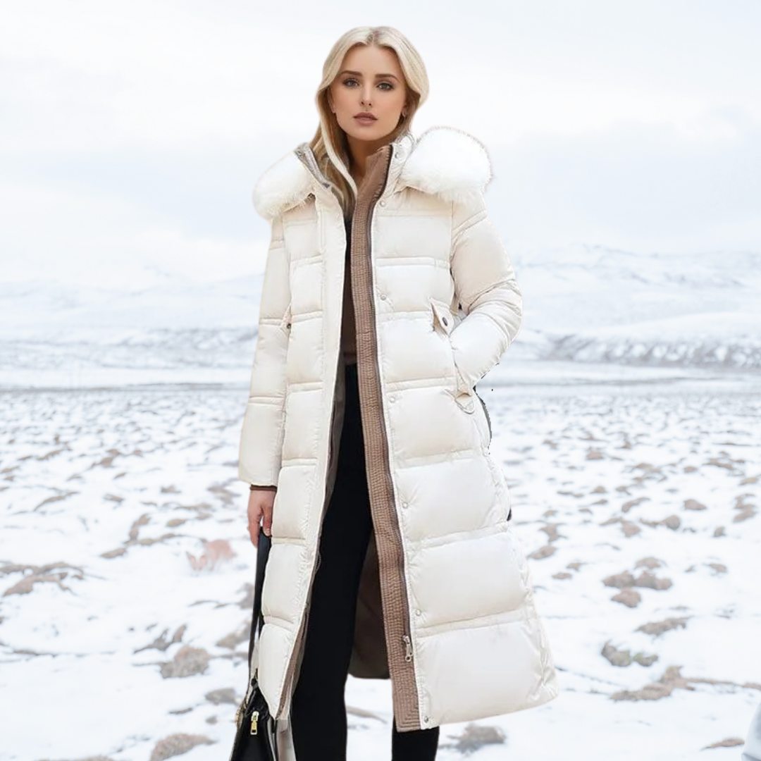 Women's black winter parka coat with detachable fur hood, weatherproof slim-fit silhouette