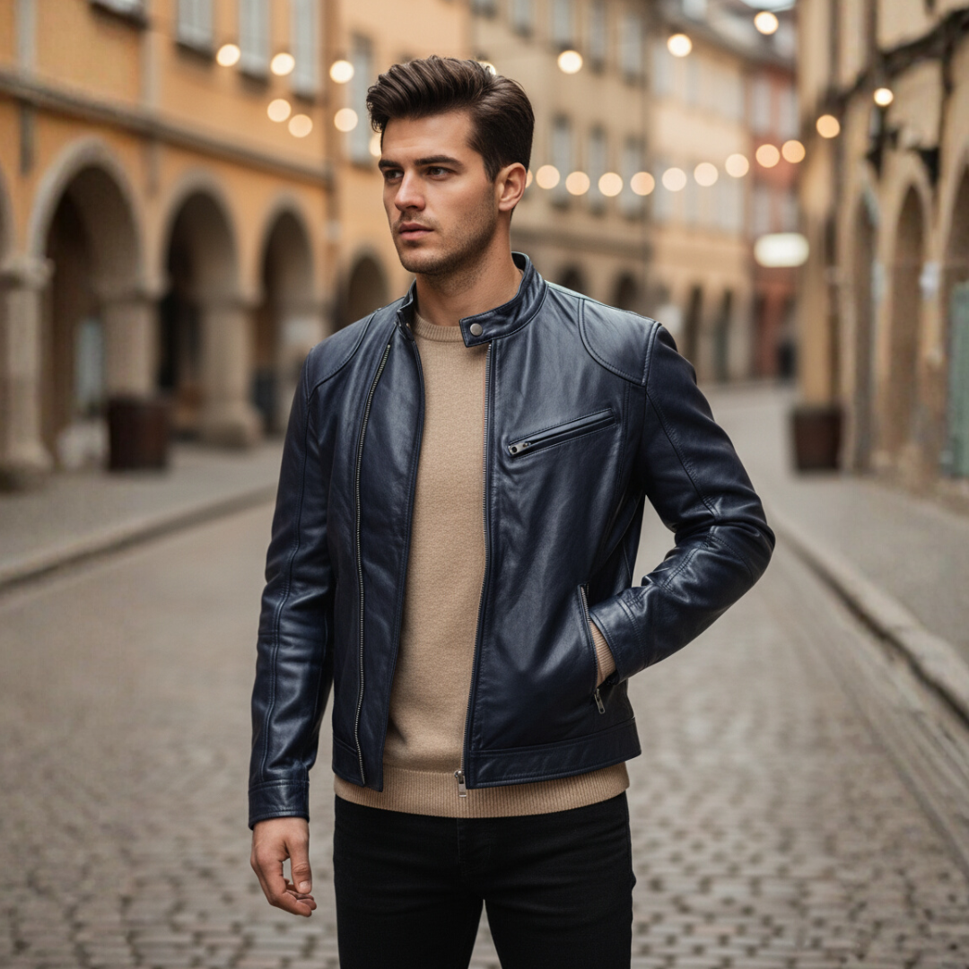 Men's black leather-effect biker jacket slim fit with front zipper closure for urban style