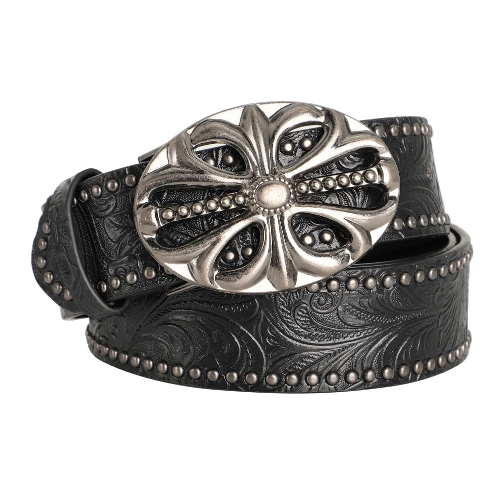 Sanctum vegan leather belt antique silver ornate buckle embossed texture unisex everyday wear
