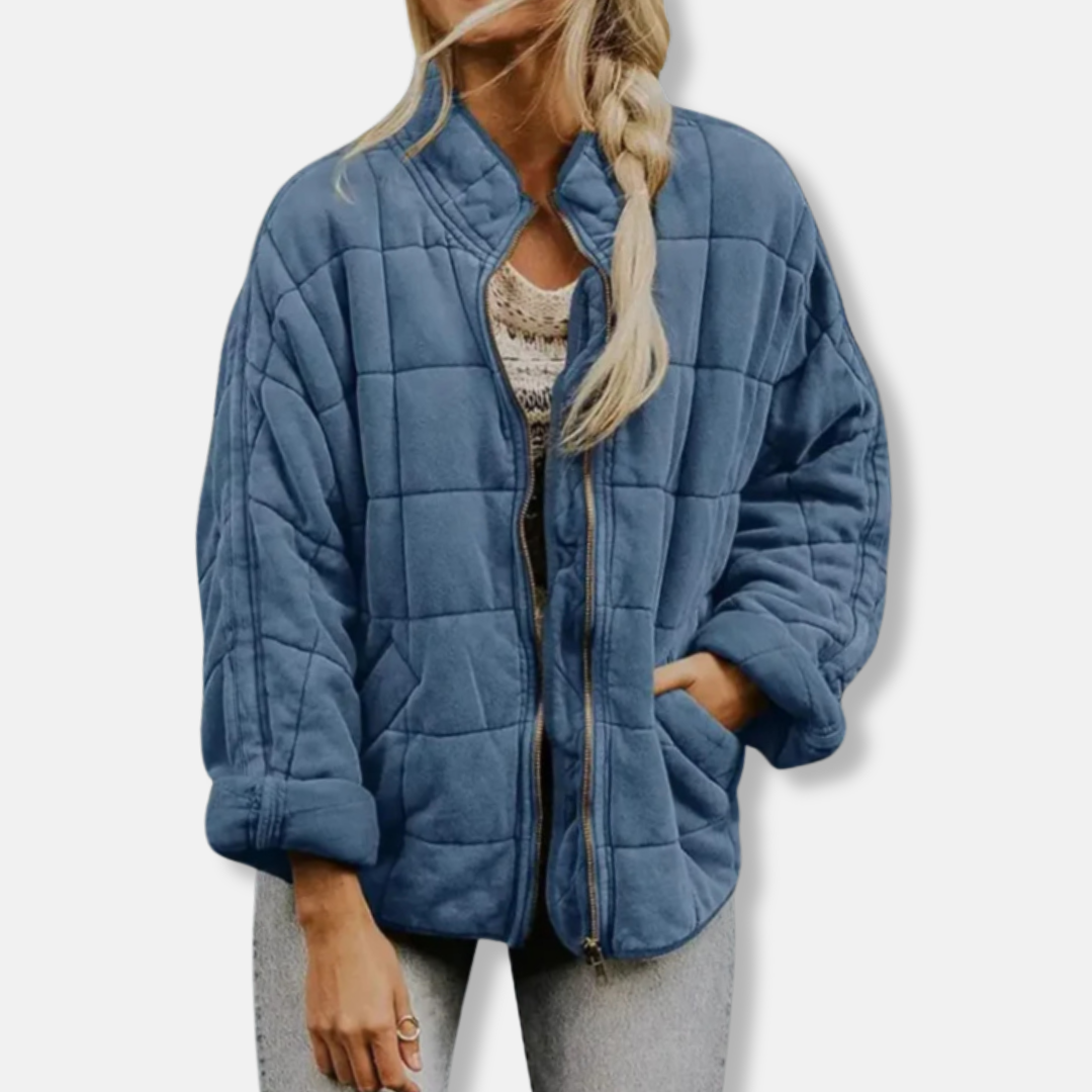 Women's oversized quilted coat relaxed fit stand collar full-zip hip length warm winter jacket