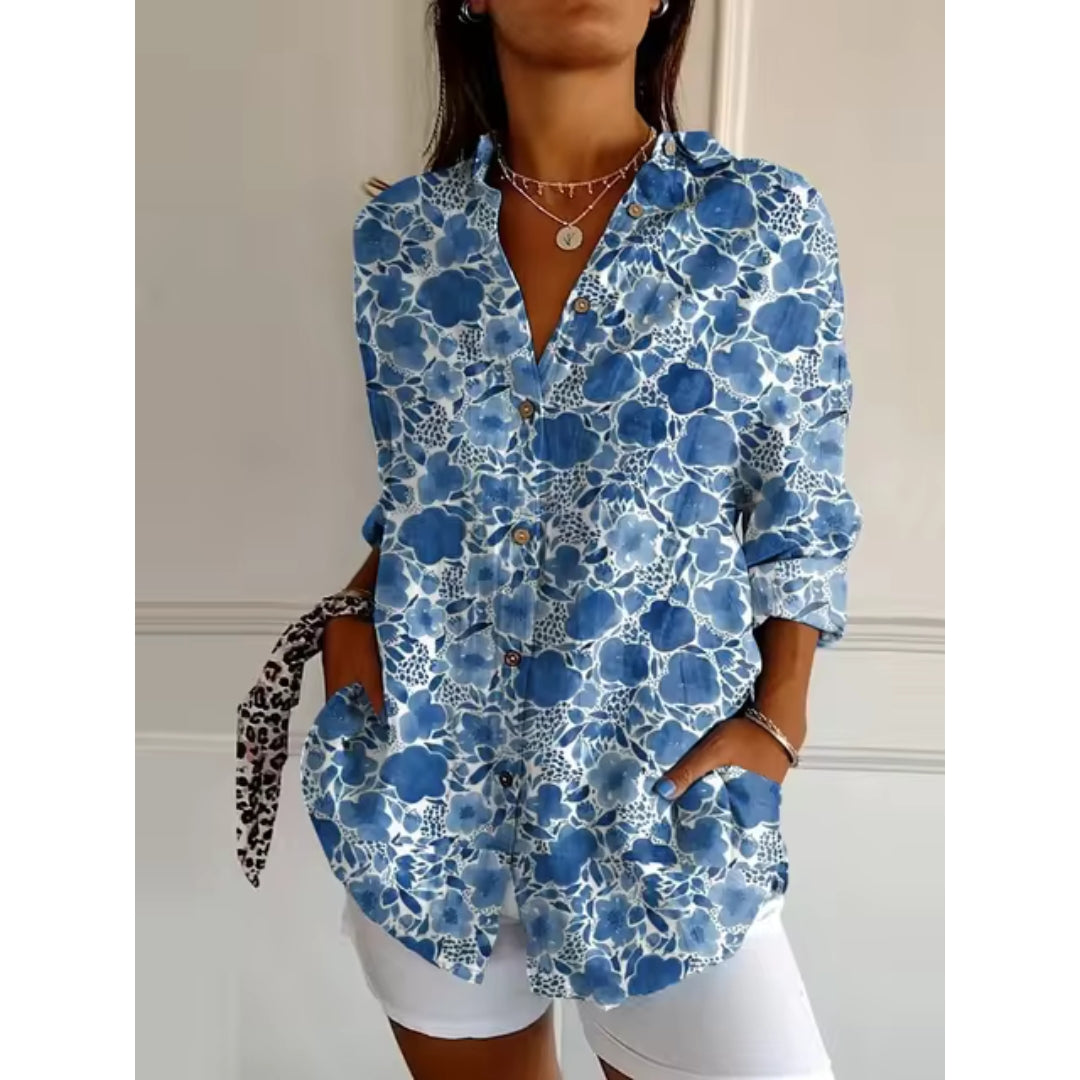 Women's floral long sleeve button-front blouse, soft print with feminine silhouette for effortless chic