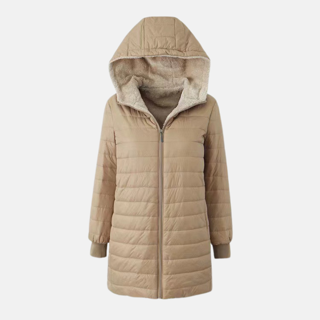 Women's mid-length hooded puffer coat quilted exterior warm plush lining regular fit winter layer
