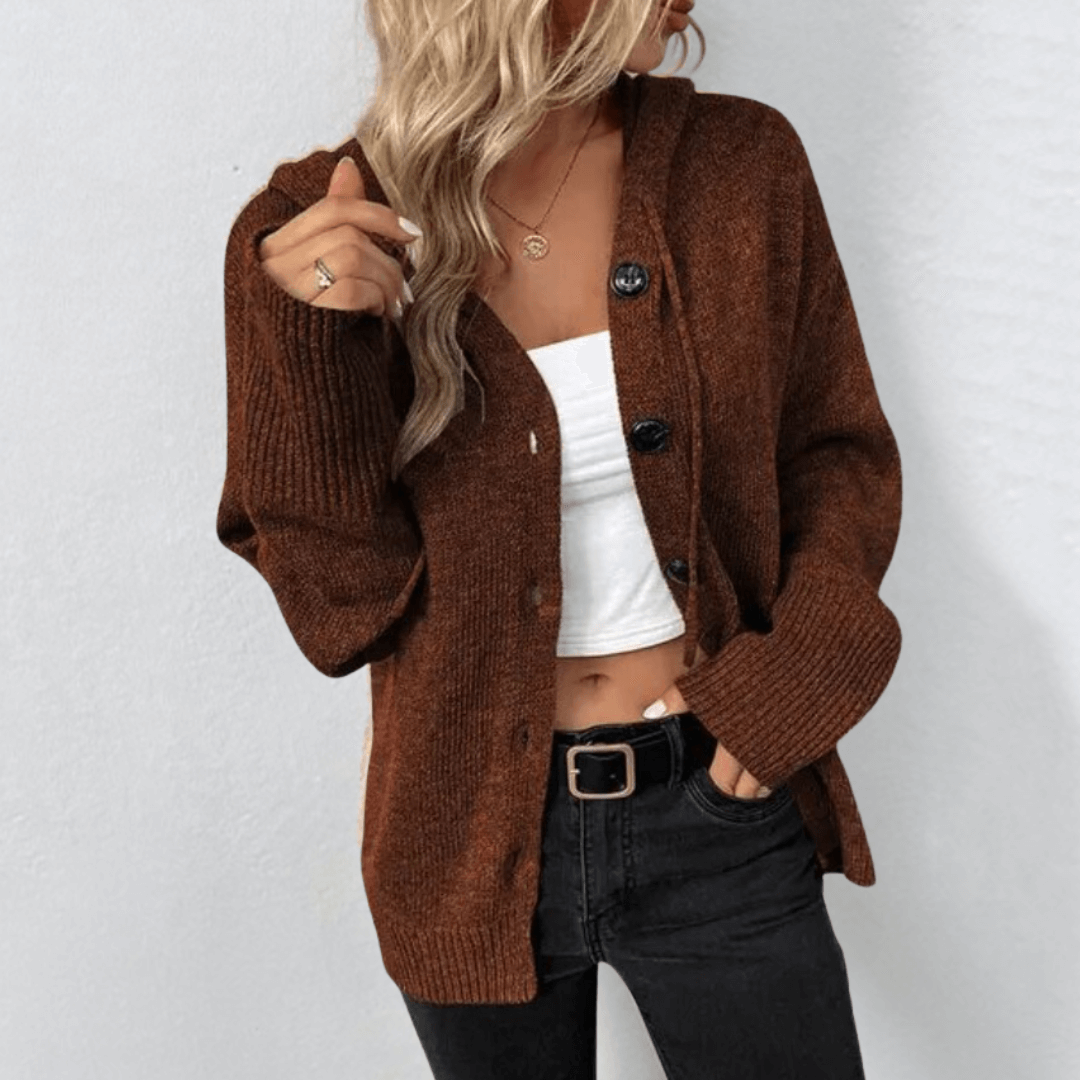 Women's warm knit cardigan in cozy neutral tones, button-down front closure, thermal insulation for winter