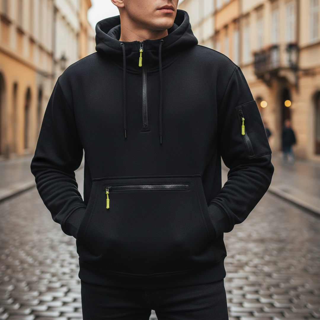 Men's technical hoodie sweatshirt with adjustable hood, kangaroo pockets, and contrast zip for outdoor use