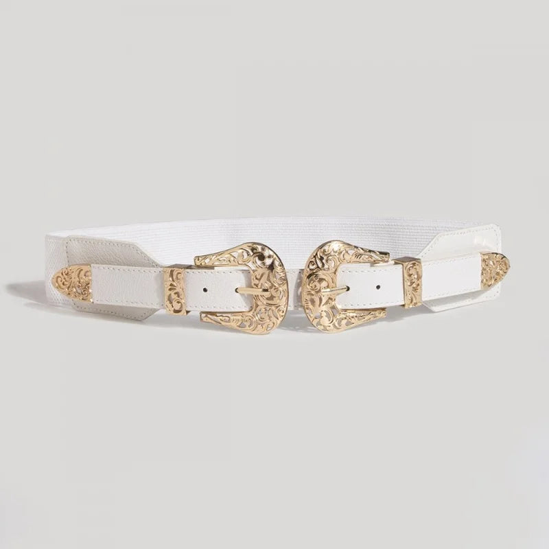 Women's western waist belt with double gold buckle scrollwork hardware and contoured cinched fit