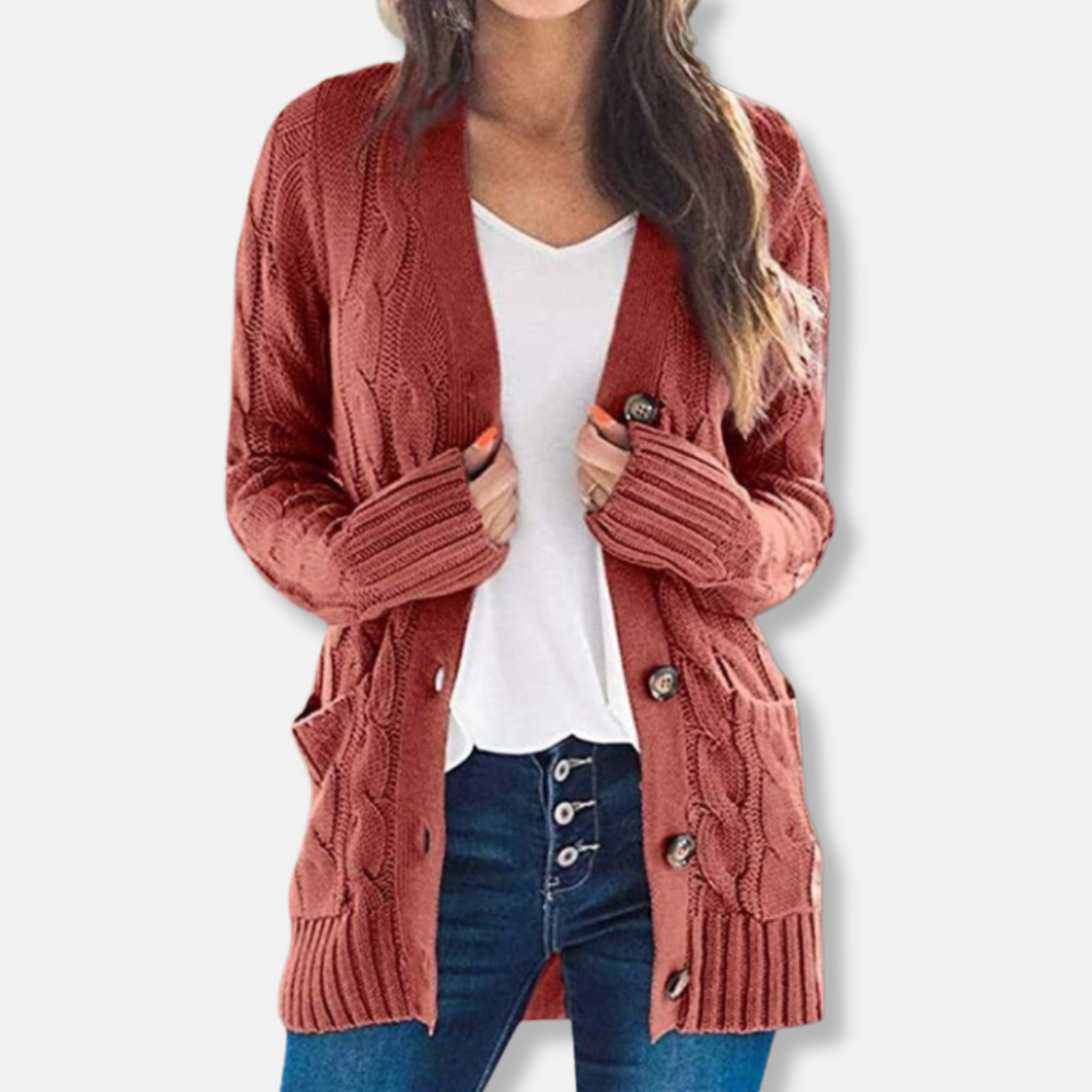 Women's cozy chunky cable knit cardigan sweater, relaxed fit with button front closure