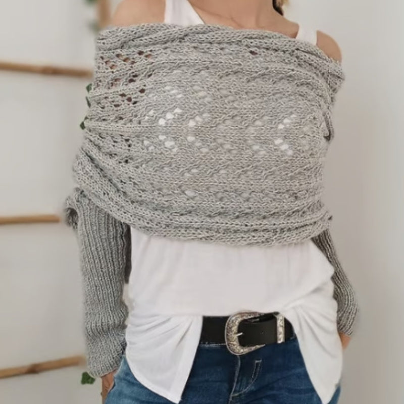 Cream openwork knitted scarf with sleeves, lightweight hypoallergenic cozy wrap for sensitive skin