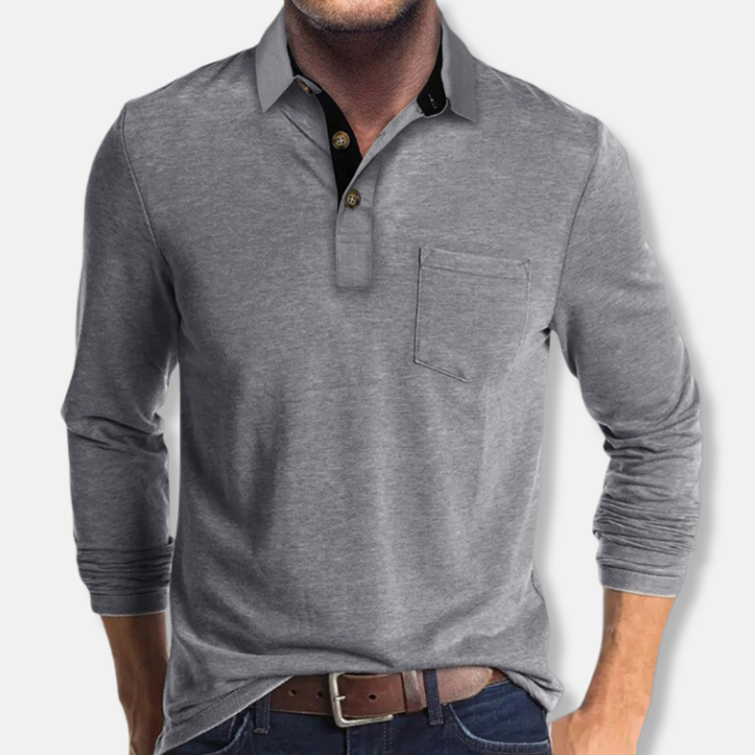 Men's cotton blend long sleeve polo shirt smart casual regular fit with contrast collar