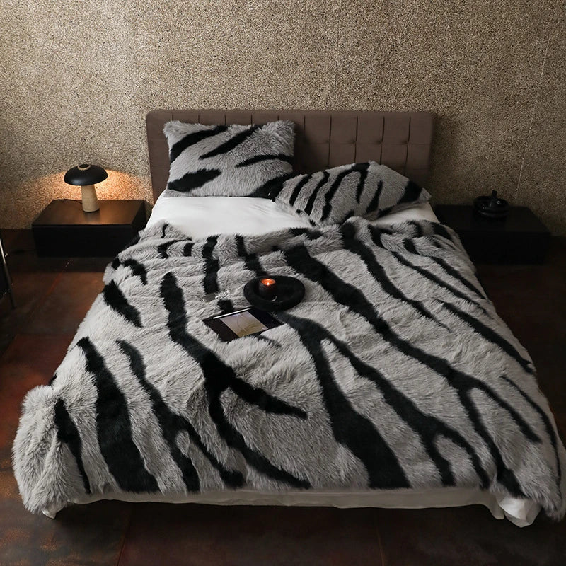 Plush faux fur zebra throw blanket light brown black stripes bold exotic pattern soft texture