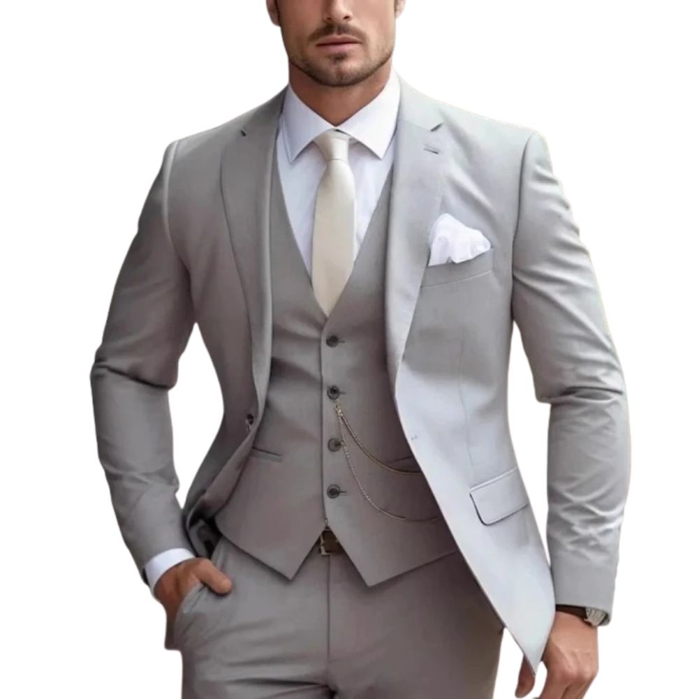 Men's slim fit three-piece formal suit in classic tone, sharp tailored silhouette for weddings and business