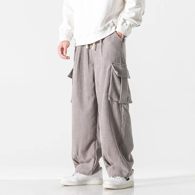 Unisex brown corduroy pants relaxed fit with oversized pockets and casual drawstring waist