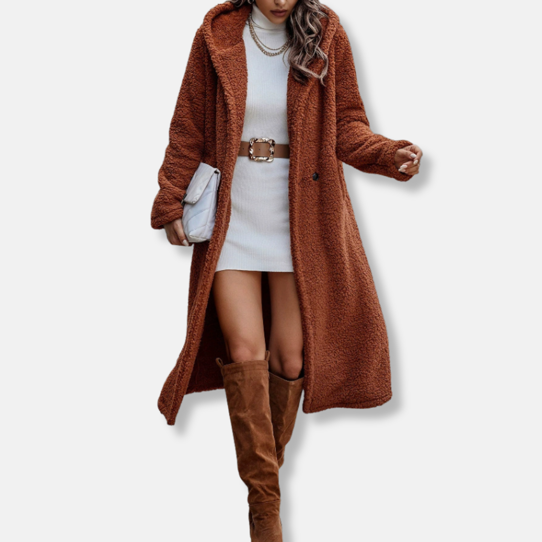Women's long hooded plush coat relaxed fit notched lapel soft texture warm winter outerwear