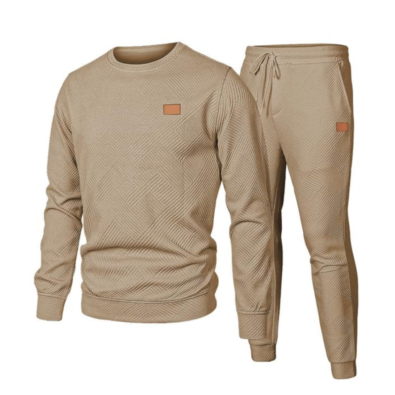 Men's gray jacquard two-piece sweatsuit set with diagonal weave texture, matching top and bottom
