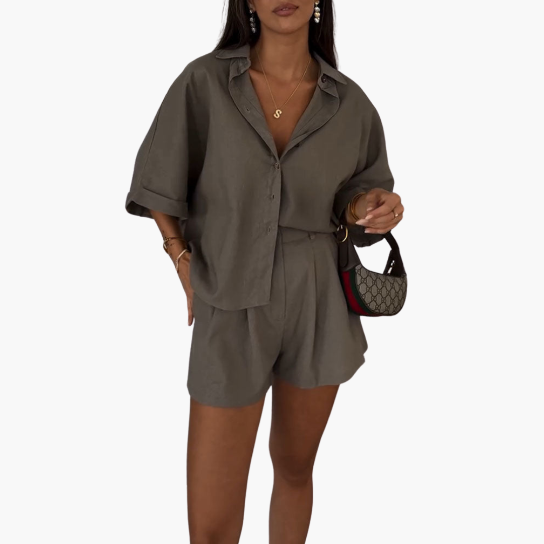 Women's white breathable two-piece blouse and shorts summer set with relaxed casual cut