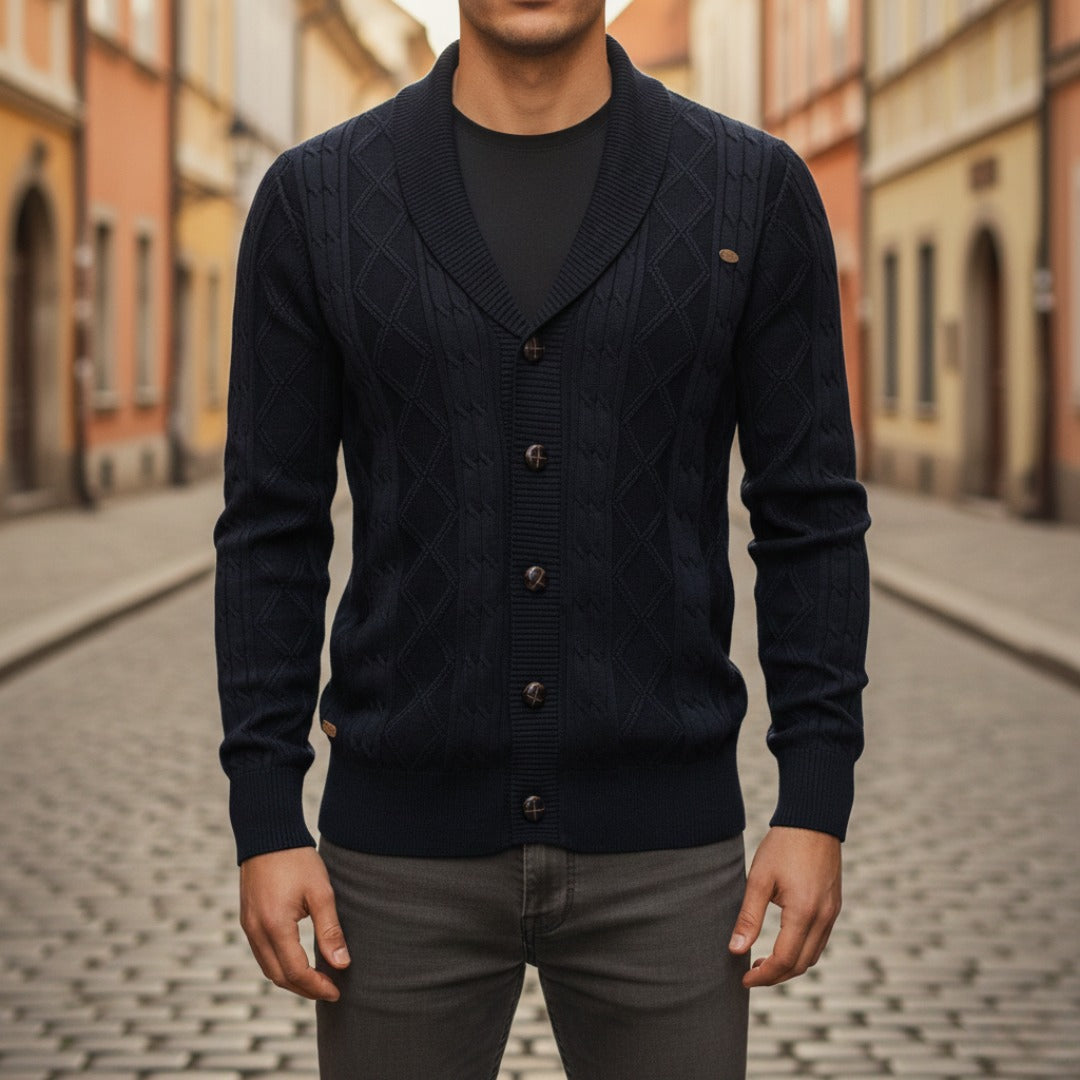 Men's shawl collar cardigan button-front classic knit sweater warm versatile blue beige brown black