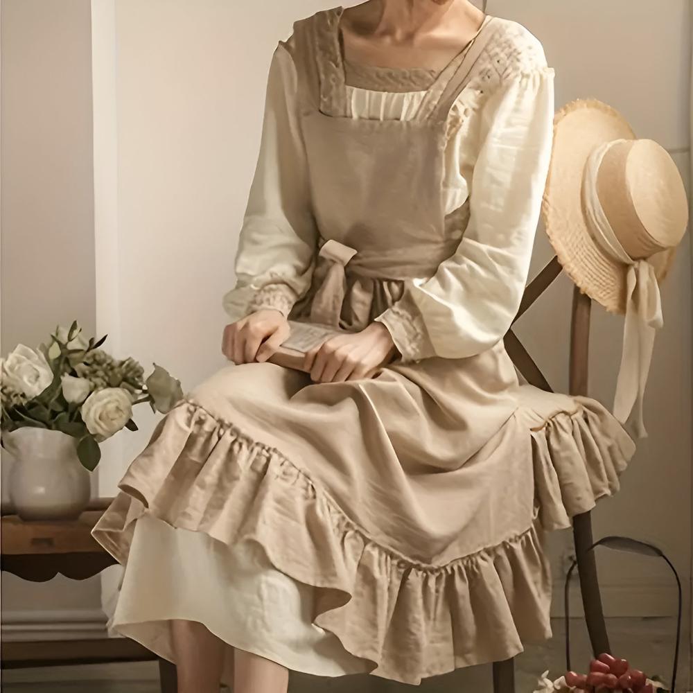 Rustic linen apron natural beige cross-back design with adjustable waist tie and vintage ruffled trim
