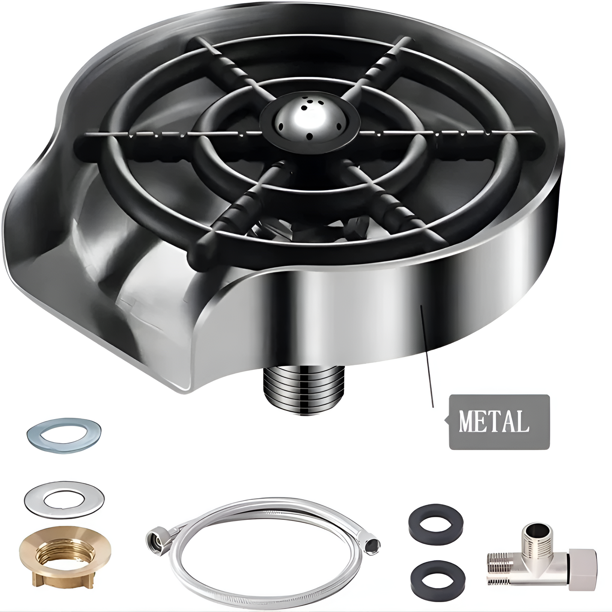 Stainless steel glass rinser with circular jets, compact 360-degree cleaning for home kitchens and bars