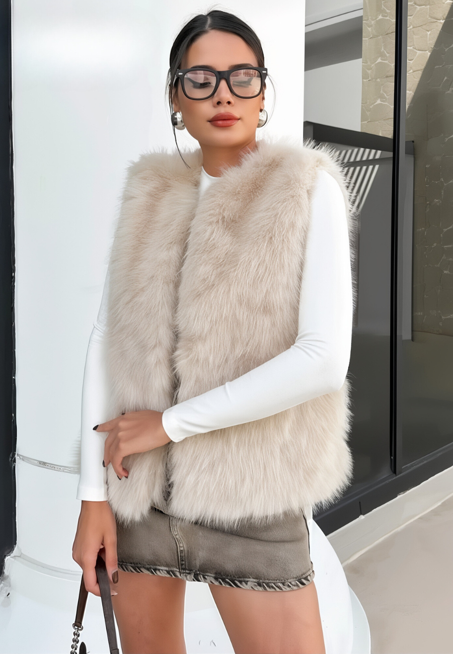 Women's soft faux fur sleeveless vest open-front cozy chic elegant layering fall winter