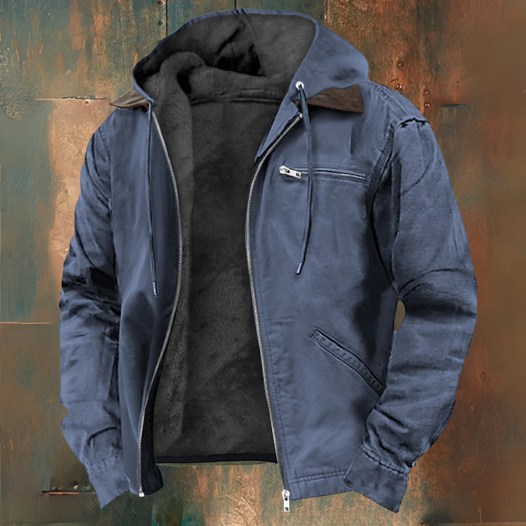 Men's winter hooded jacket black full zip soft-lined interior zippered chest pocket cold weather