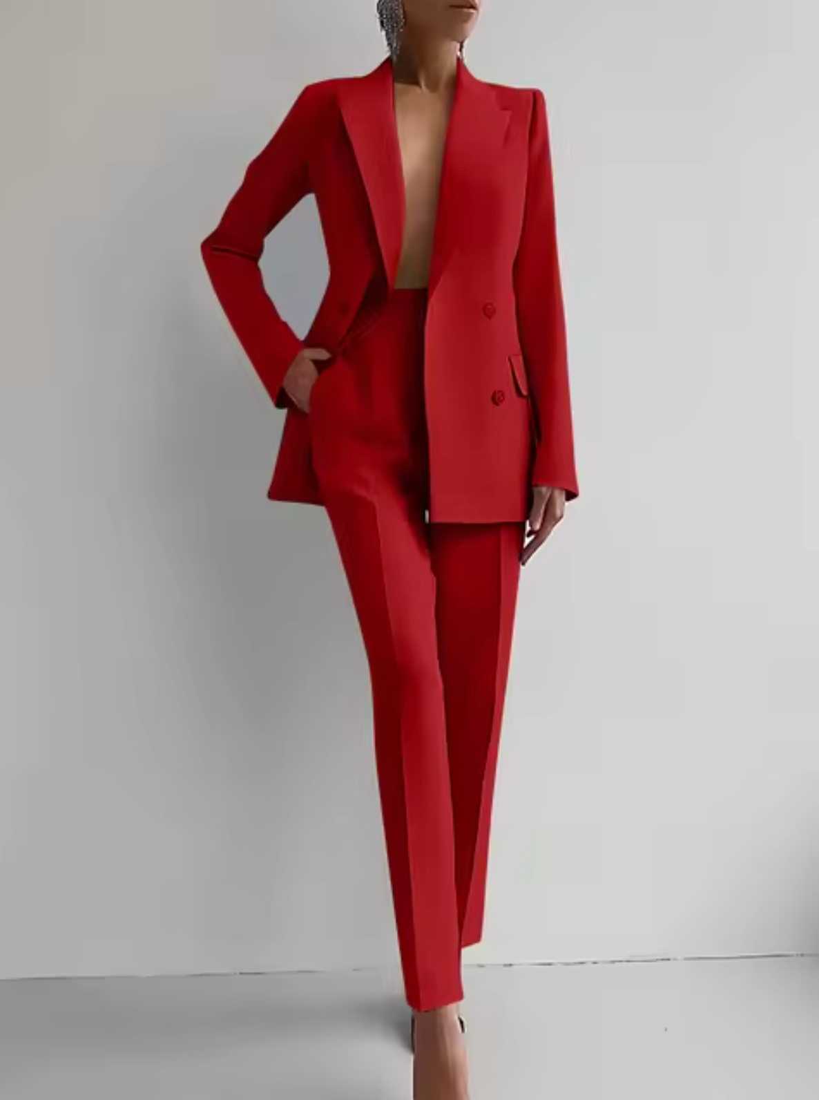 Women's tailored double-breasted blazer high-waisted trousers suit professional wool-viscose 2-piece set