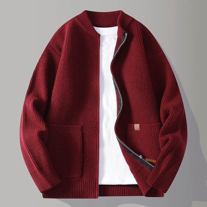 Midweight wool rib knit zip cardigan with structured drape and stretch-infused fabric for everyday wear