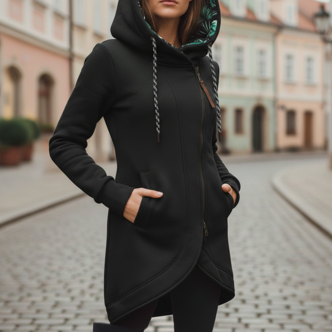 Women's long gray hooded sweatshirt asymmetric zip high collar casual A-line fit