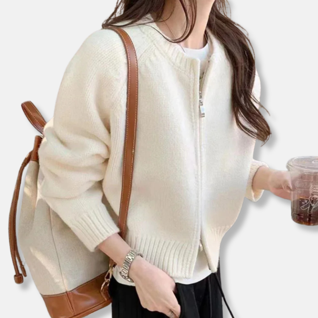 Women's wool knit open-front cardigan relaxed fit long sleeve cropped silhouette everyday office style
