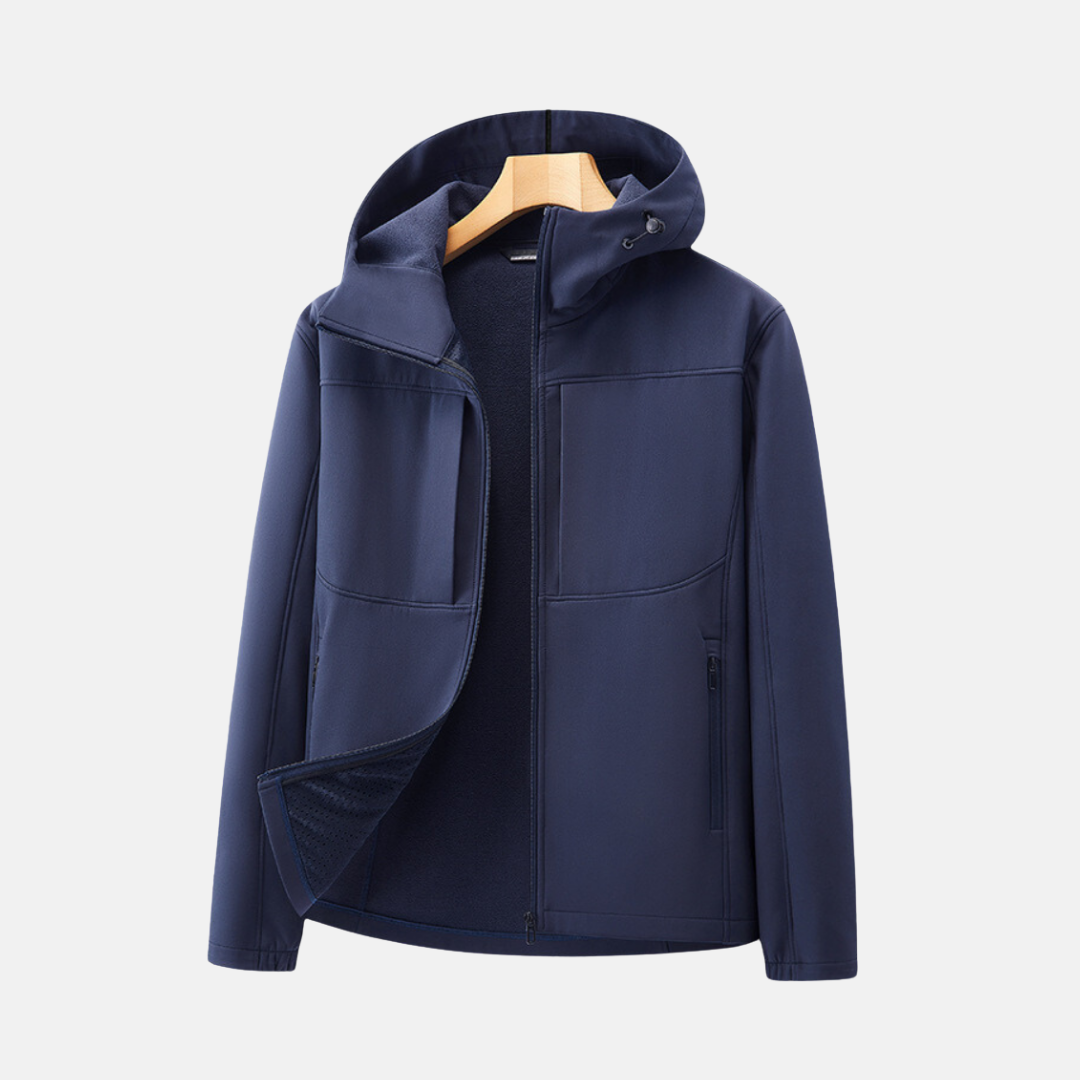 Men's dark softshell jacket fleece-lined regular fit adjustable hood zip pockets outdoor layer
