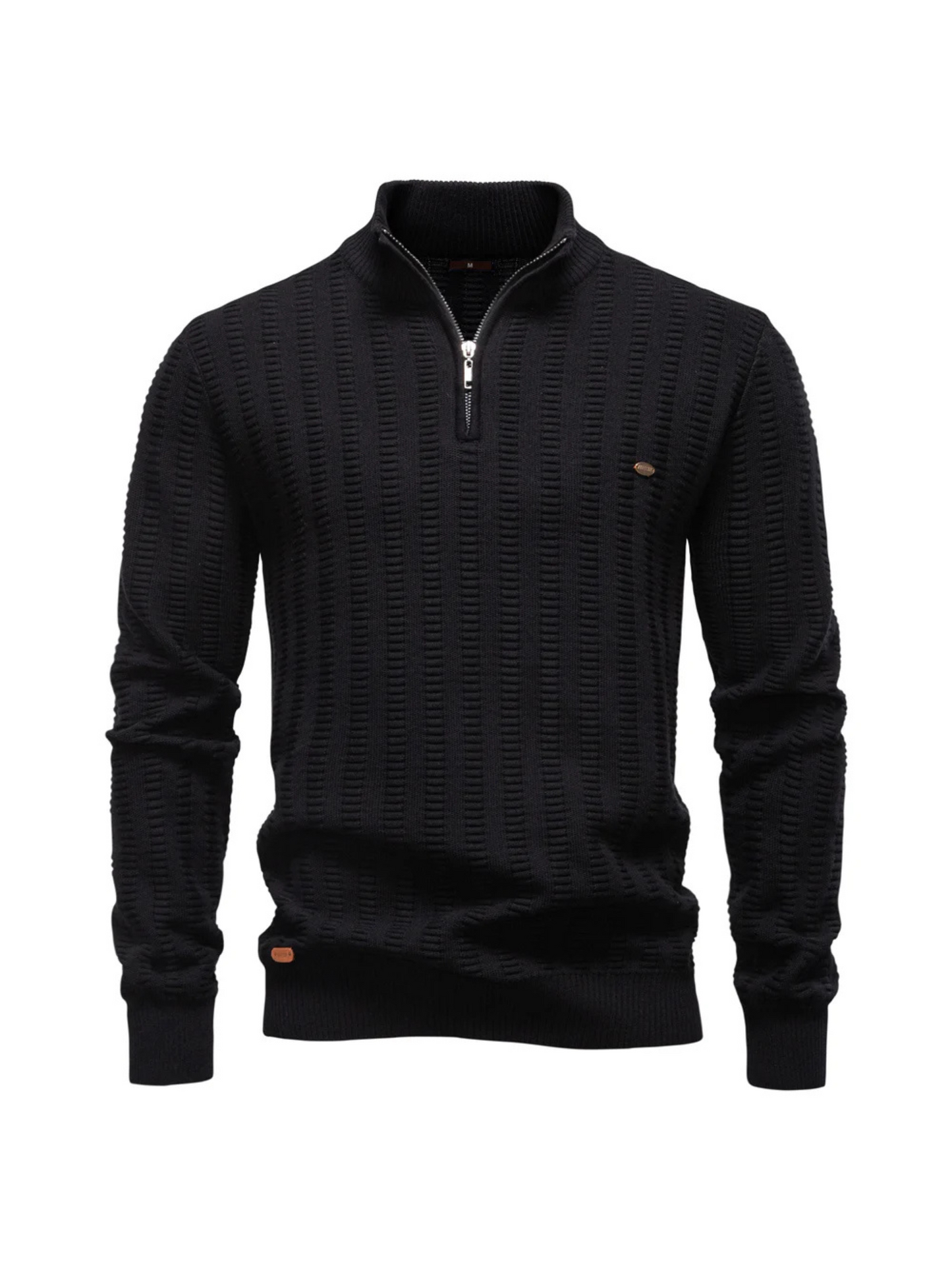 Men's navy blue quarter-zip pullover in stretch cotton with vertical rib knit texture