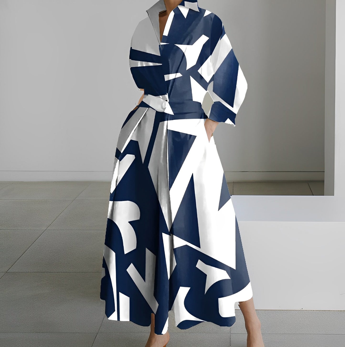 Women's maxi shirt dress light minimalist style belted waist flared hem elegant silhouette