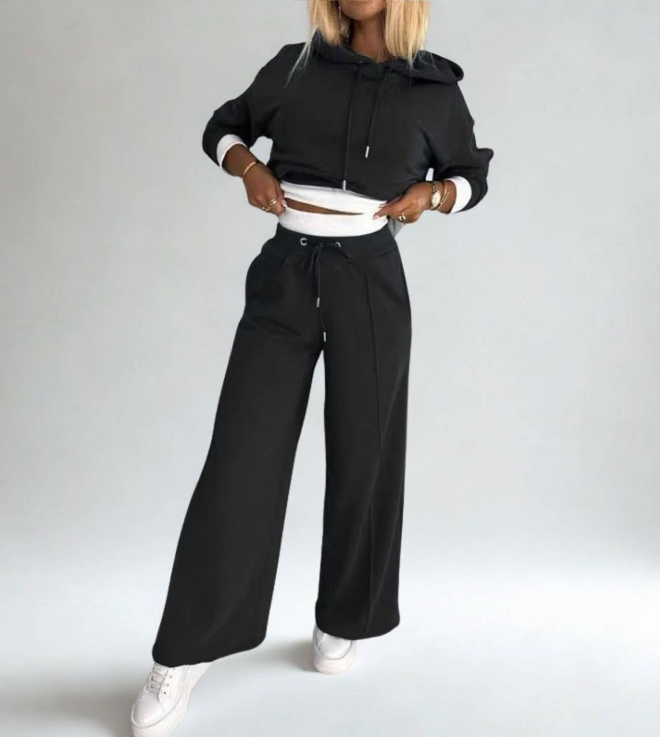 Women's solid color hoodie tracksuit set soft polyester two-piece coordinated casual everyday style