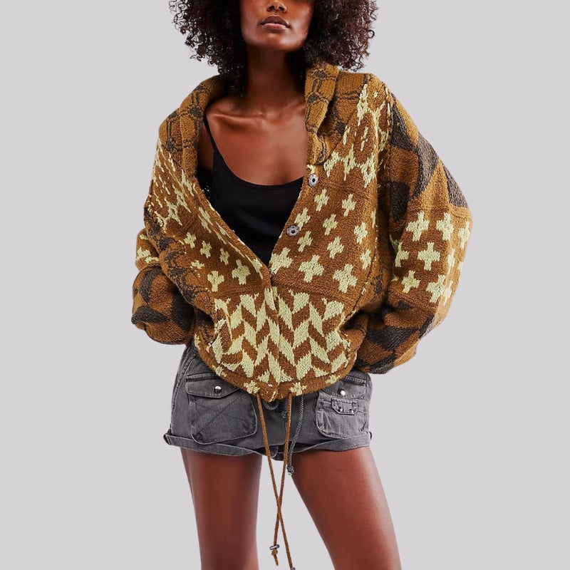 Women's oversized knitted cardigan weighty woven pattern knit cozy relaxed silhouette warm layer