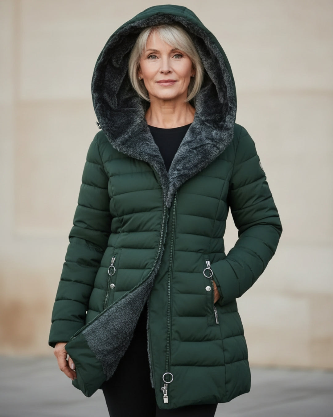 Women's black hooded quilted winter coat with full zip front and structured padded exterior