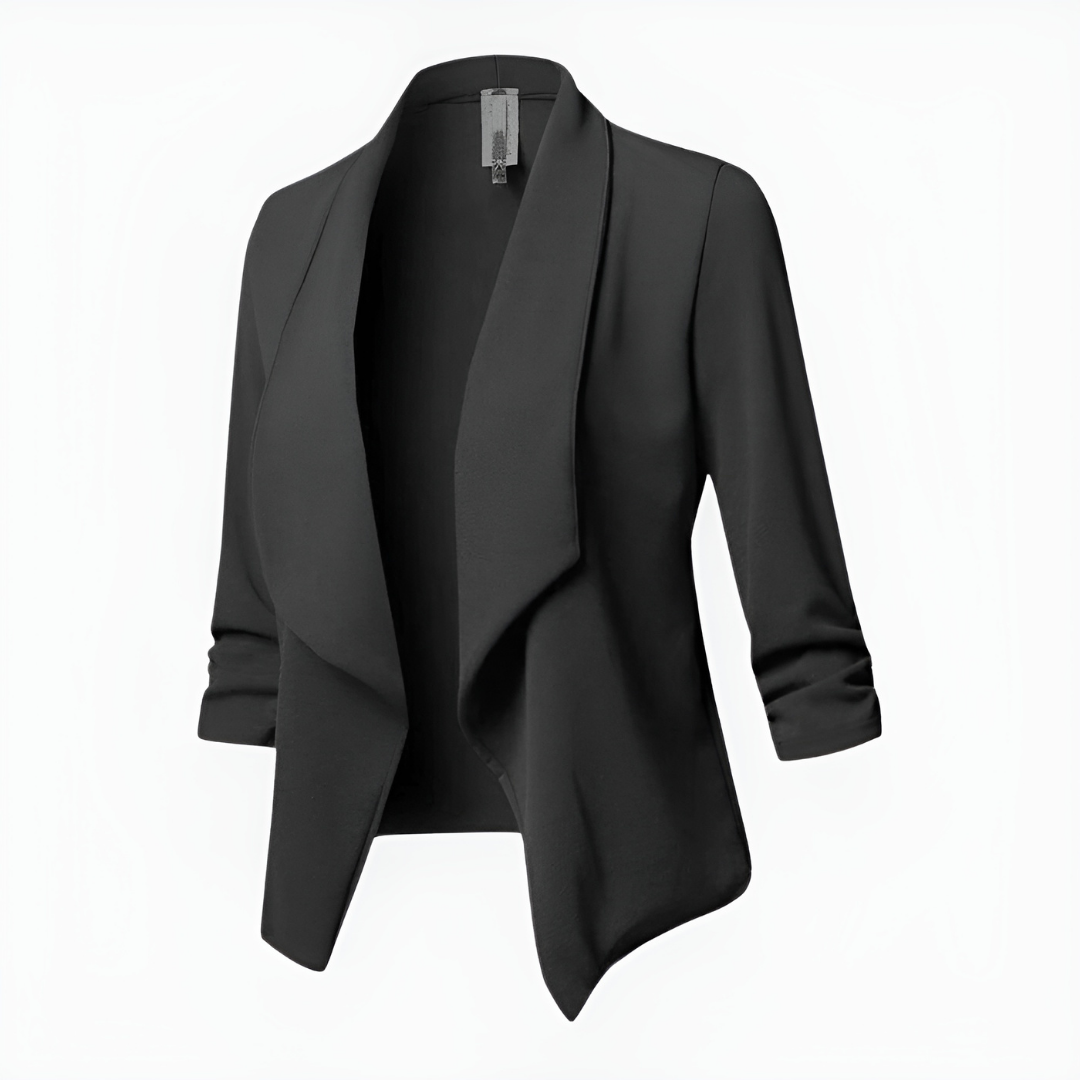 Women's open-front office blazer casual relaxed silhouette smooth draping professional style all-day comfort