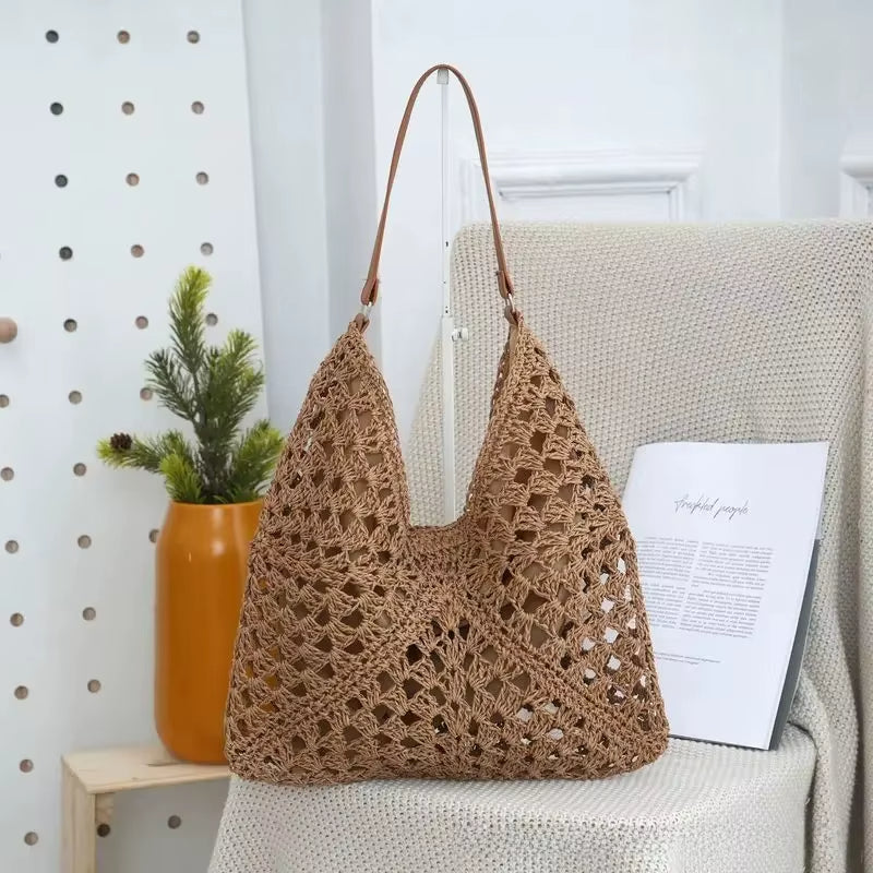 Handwoven crochet boho tote bag open-top design fabric-lined interior durable natural yarn carryall