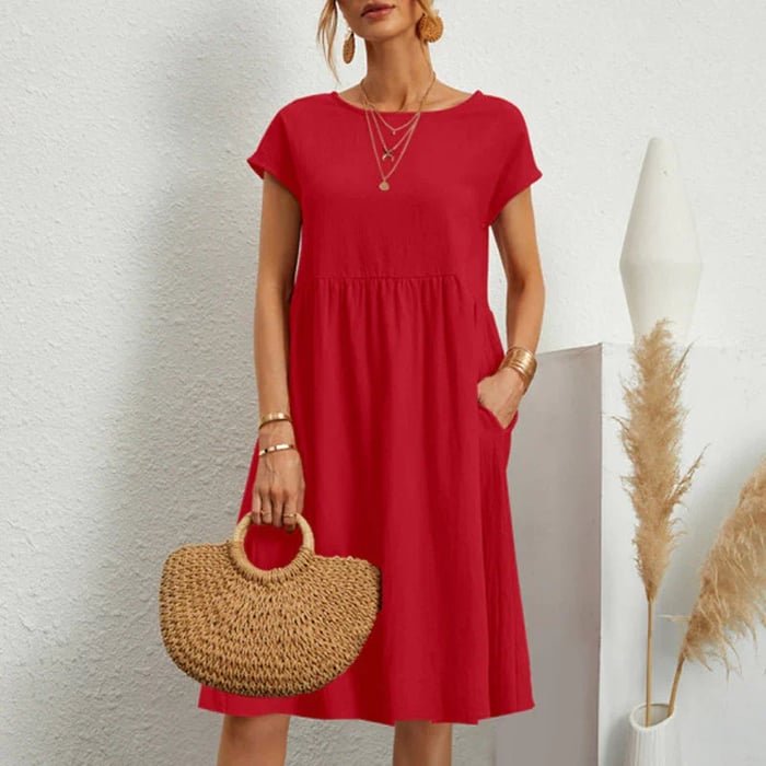 Mila women's minimalist dress with round neckline, elegant versatile silhouette for office and events