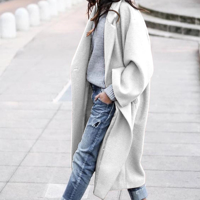 Women's elegant long polyester coat with lapel collar, pockets, single-breasted, timeless winter style
